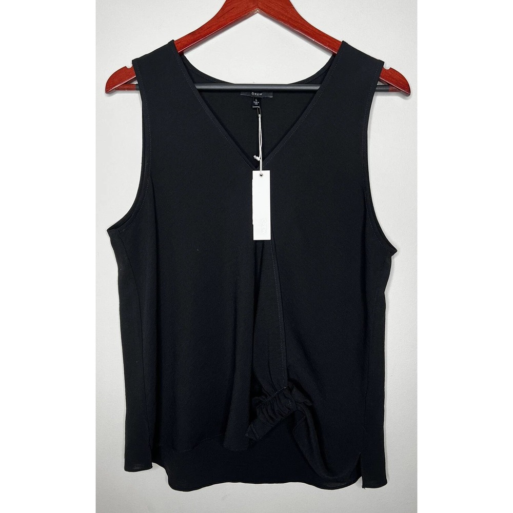 Drew Darby Waist Tie Tank Women Large Black V-Neck Draped Sleeveless Classic NWT